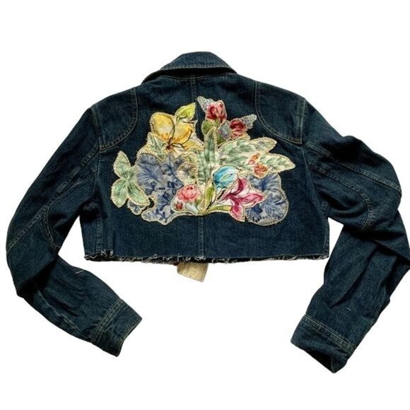 Custom Denim Jacket Floral Applique Small Handmade Art to Wear OOAK Cottage - Picture 1 of 4